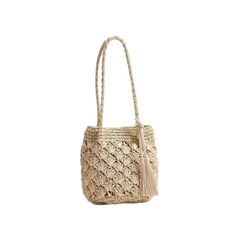 Fashionable Fringed Woven Straw Bag Single Shoulder Holiday Beach Women'S Bag Hollow Fan Pattern Versatile Neutral Minimalist St