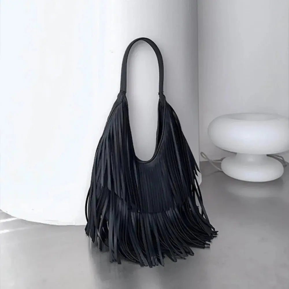 Fashionable PU Leather Long Tassels Handbag Cross Body Design Hobo Style Hobo Bag Armpit Bag Outdoor Activities