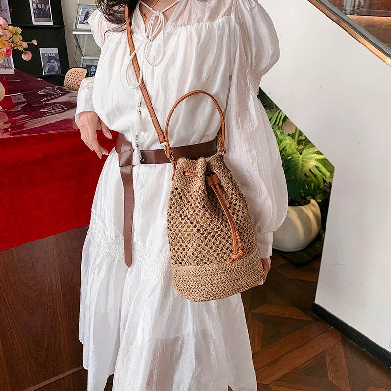 Fabric Zipper Designer Bucket Solid String Large Capacity 2025 Brand Bags for Women Beach Sewing Fashionable Shoulder Bag