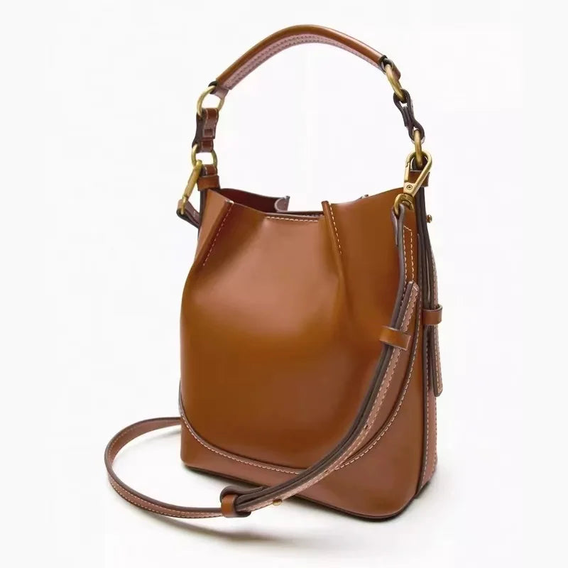 2024 Fashion New Women'S Bag Brown Korean Style Drawstring Portable Crossbody Wide Drawstring Bucket Bag
