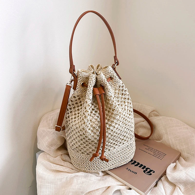 Fabric Zipper Designer Bucket Solid String Large Capacity 2025 Brand Bags for Women Beach Sewing Fashionable Shoulder Bag