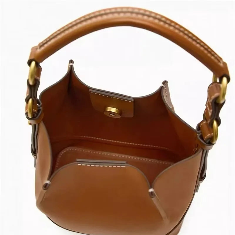 2024 Fashion New Women'S Bag Brown Korean Style Drawstring Portable Crossbody Wide Drawstring Bucket Bag