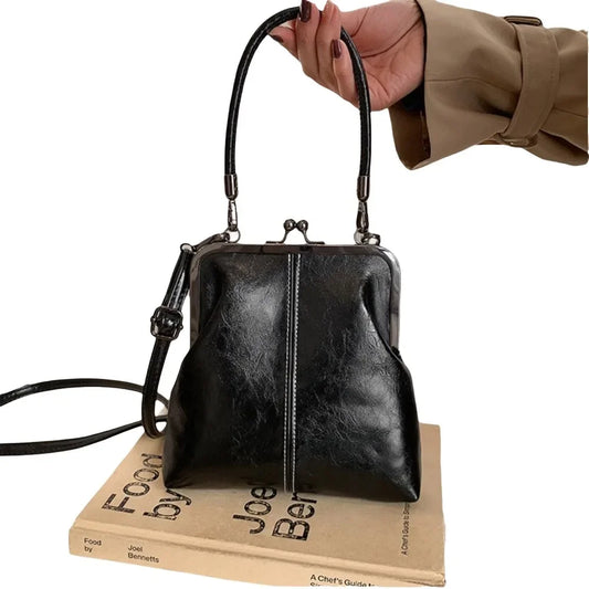 Elegant Kiss Lock Shoulder Bag Large Capacity PU Leather Chinese Style Crossbody Bag Solid Color Retro Vintage Women'S Handbag