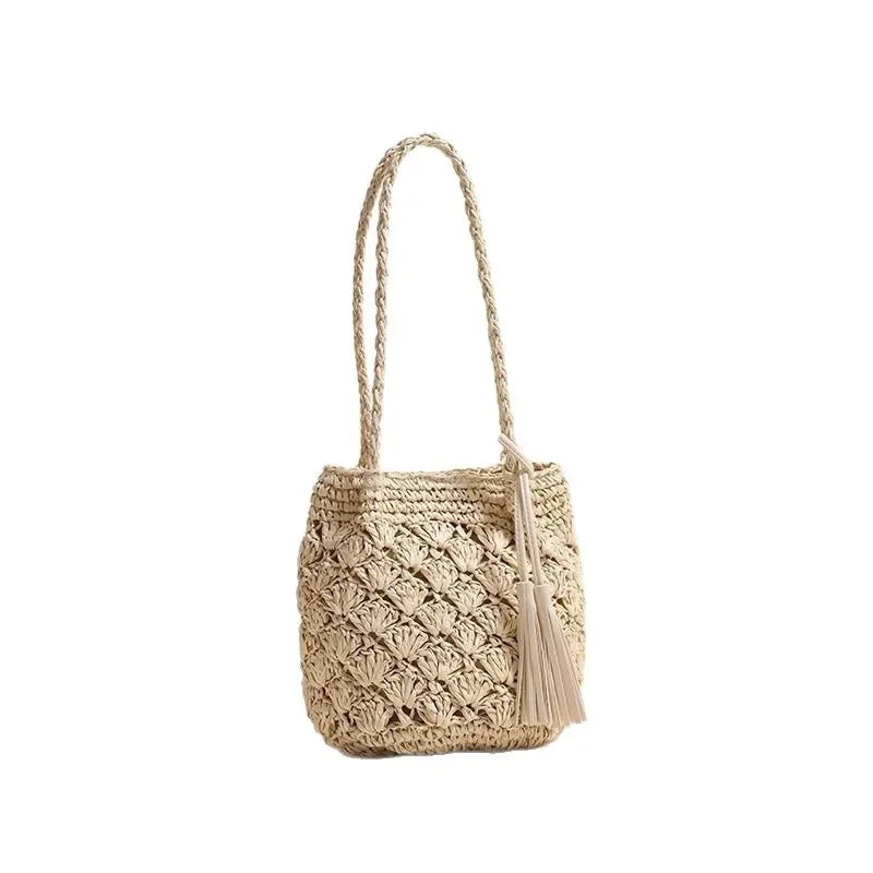 Fashionable Fringed Woven Straw Bag Single Shoulder Holiday Beach Women'S Bag Hollow Fan Pattern Versatile Neutral Minimalist St