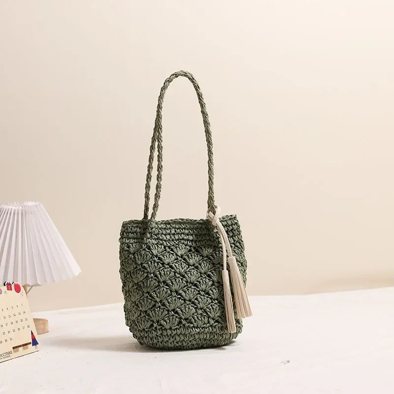 Fashionable Fringed Woven Straw Bag Single Shoulder Holiday Beach Women'S Bag Hollow Fan Pattern Versatile Neutral Minimalist St