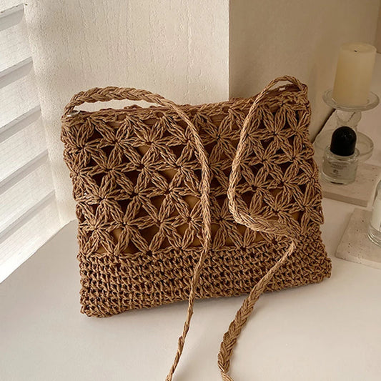 Women Beach Woven Straw Shoulder Messenger Bag Boho Hollow Out Crochet Crossbody Handbag Macrame Purse