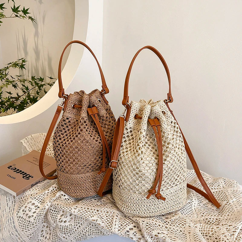 Fabric Zipper Designer Bucket Solid String Large Capacity 2025 Brand Bags for Women Beach Sewing Fashionable Shoulder Bag
