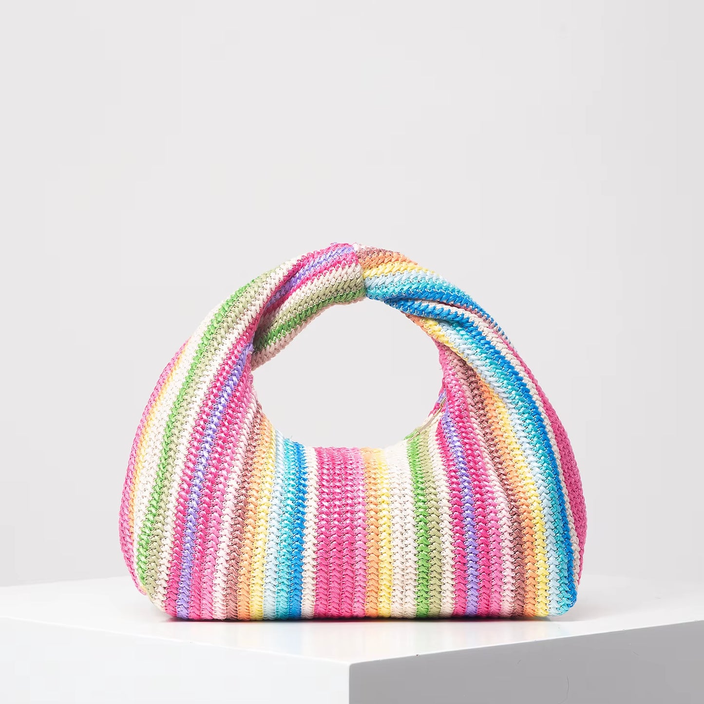 Vintage Woven Handbag, Simple Commuter Bag, Beach Wind Rainbow Bag, Holiday Casual Straw Purse (Random Pattern)