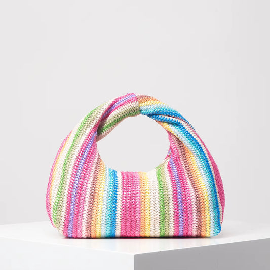 Vintage Woven Handbag, Simple Commuter Bag, Beach Wind Rainbow Bag, Holiday Casual Straw Purse (Random Pattern)