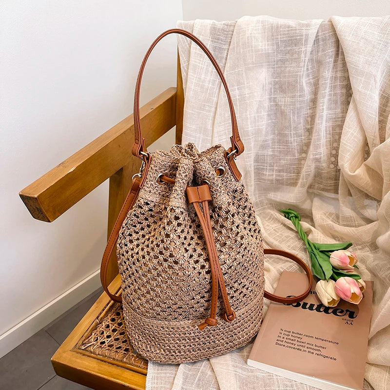 Fabric Zipper Designer Bucket Solid String Large Capacity 2025 Brand Bags for Women Beach Sewing Fashionable Shoulder Bag