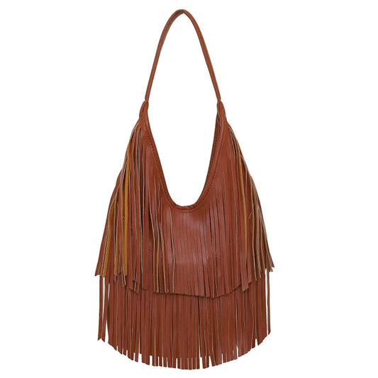 Fashionable PU Leather Long Tassels Handbag Cross Body Design Hobo Style Hobo Bag Armpit Bag Outdoor Activities