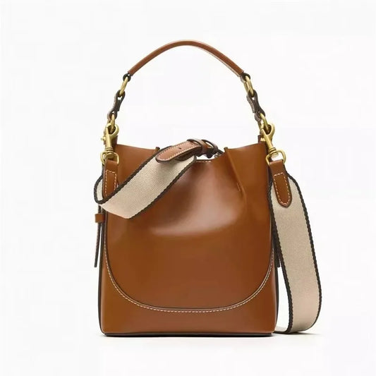 2024 Fashion New Women'S Bag Brown Korean Style Drawstring Portable Crossbody Wide Drawstring Bucket Bag