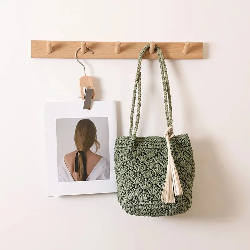 Fashionable Fringed Woven Straw Bag Single Shoulder Holiday Beach Women'S Bag Hollow Fan Pattern Versatile Neutral Minimalist St