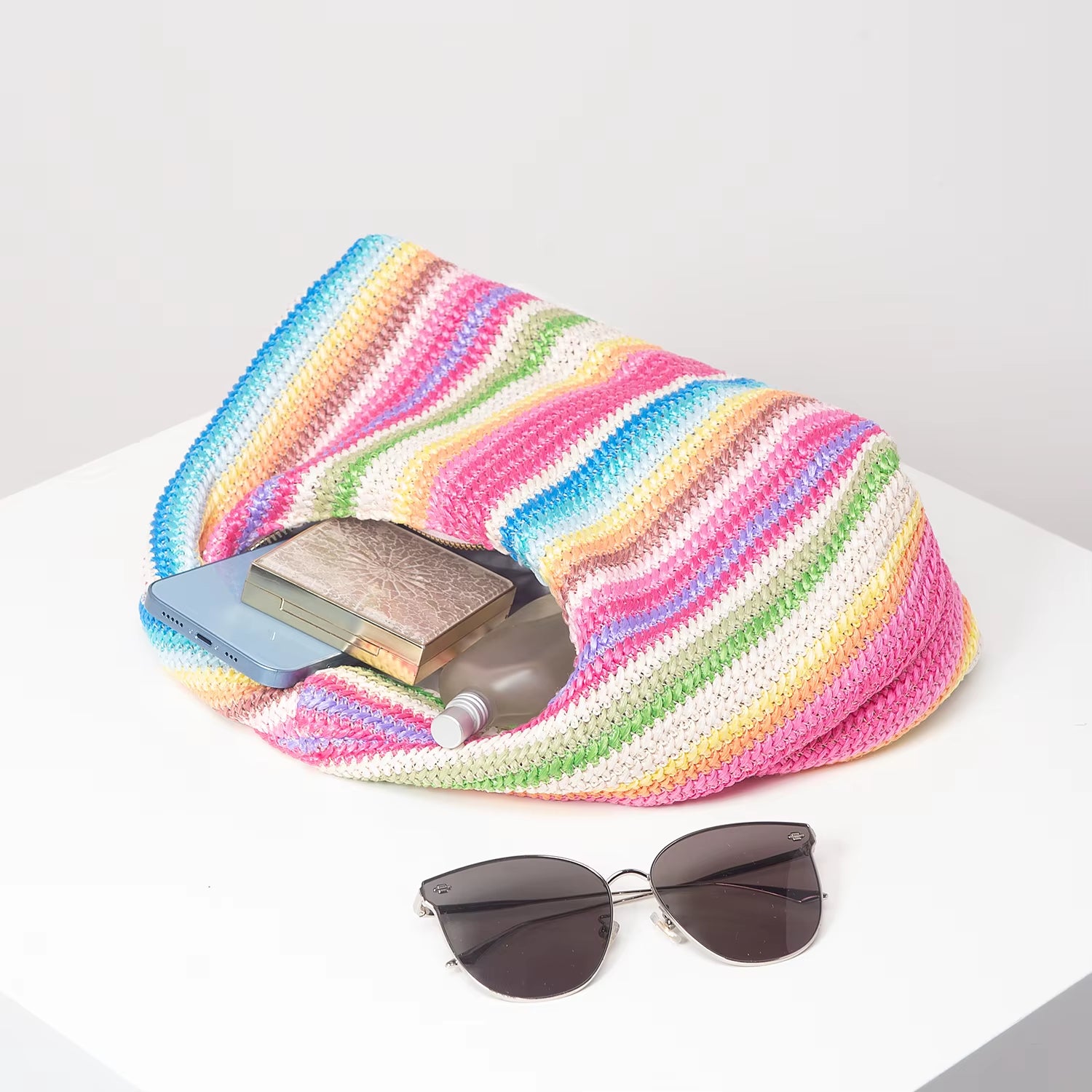 Vintage Woven Handbag, Simple Commuter Bag, Beach Wind Rainbow Bag, Holiday Casual Straw Purse (Random Pattern)