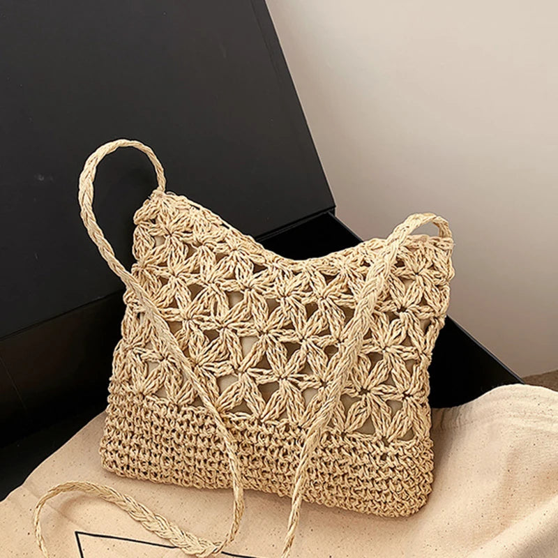 Women Beach Woven Straw Shoulder Messenger Bag Boho Hollow Out Crochet Crossbody Handbag Macrame Purse